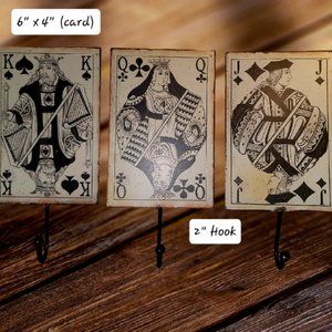 Set of 3 - Playing Card Tin Distressed-Look Metal Wall Hooks - King Queen Jack